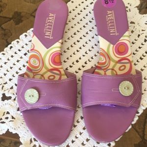 Avellini Lilac Purple Leather Button Kitten Heels, Sandals
